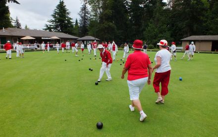 Nanaimo Lawn Bowling Club players bowling for Canada Day